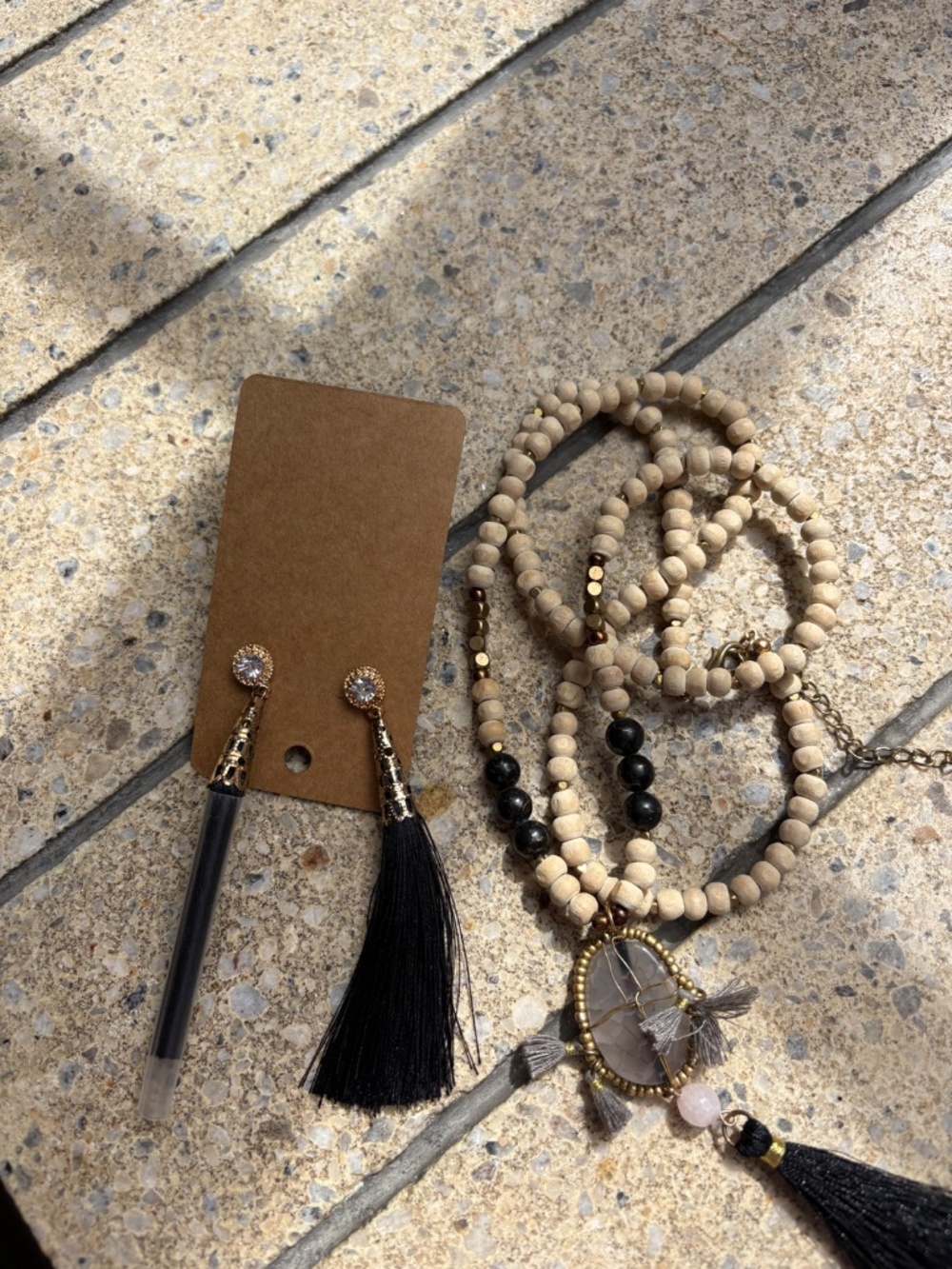 Beaded Necklace with Black Tassel and Earrings